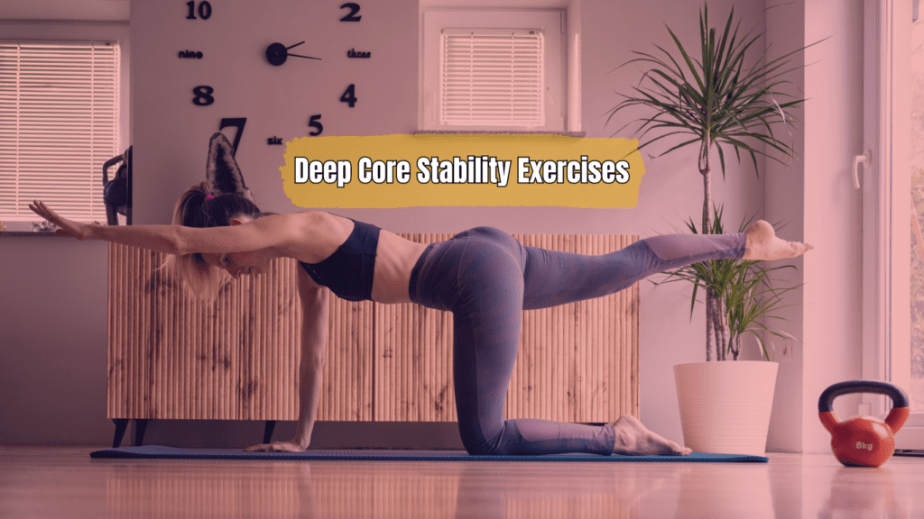 Dead Bug Exercise performed by a woman and a sign: Deep Core Stability Exercises