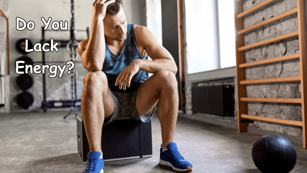 A man feeling tired while working out and a sign: Do you feel tired?