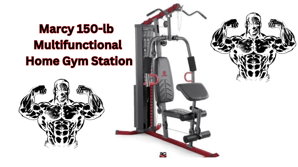 Marcy 150-lb Multifunctional Home Gym Station with 2 cartoon bodybuilders 