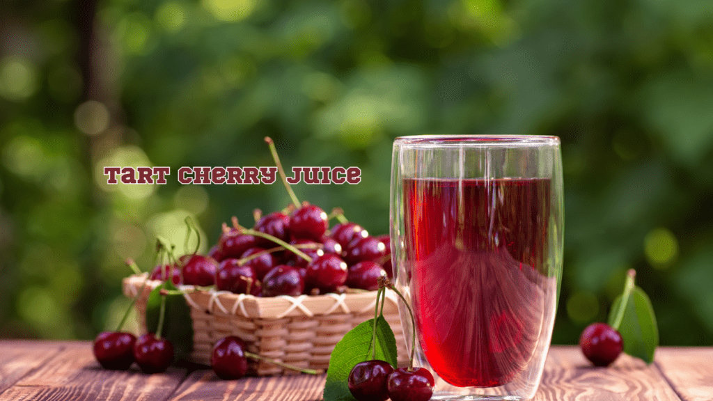 Tart Cherry Juice in a glass and tart cherries 