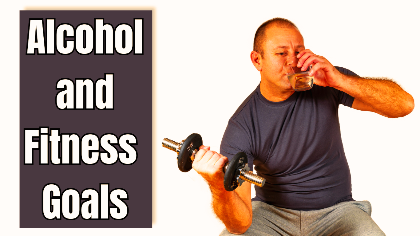 A Man Doing Bicep Curls With A Dumbbell While Drinking Alcohol And A Sign:Alcohol and Fitness Goals