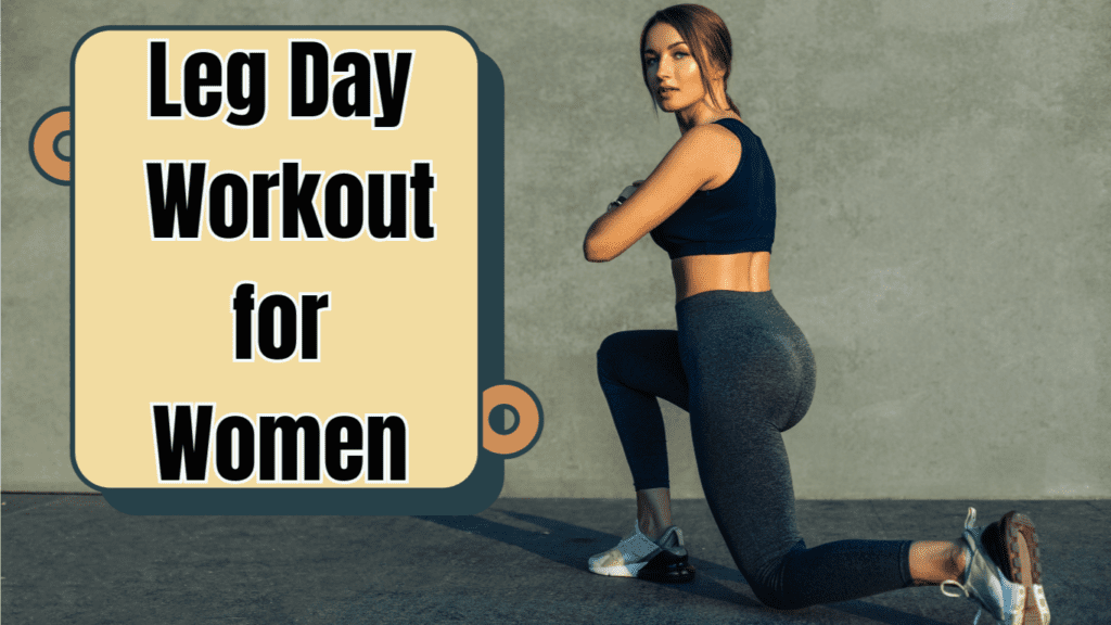 a woman doing bodyweight exercise for legs and a sign : leg day workout for women