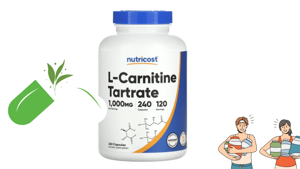  Nutricost L-Carnitine Tartrate ( a pill and two bodybuilders with supplements