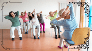 a group of elder women doing Chair Yoga exercises 