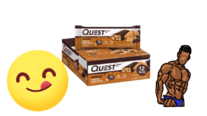 Quest Bar protein bar with a bodybuilder on the picture and a emoji 