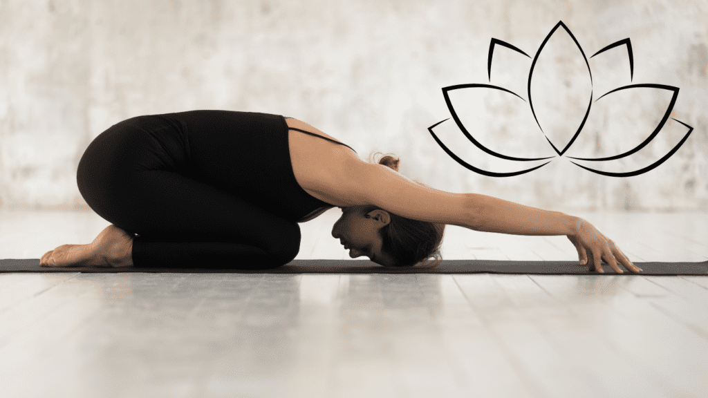 Child yoga pose photo with a woman in black on a yoga mat 