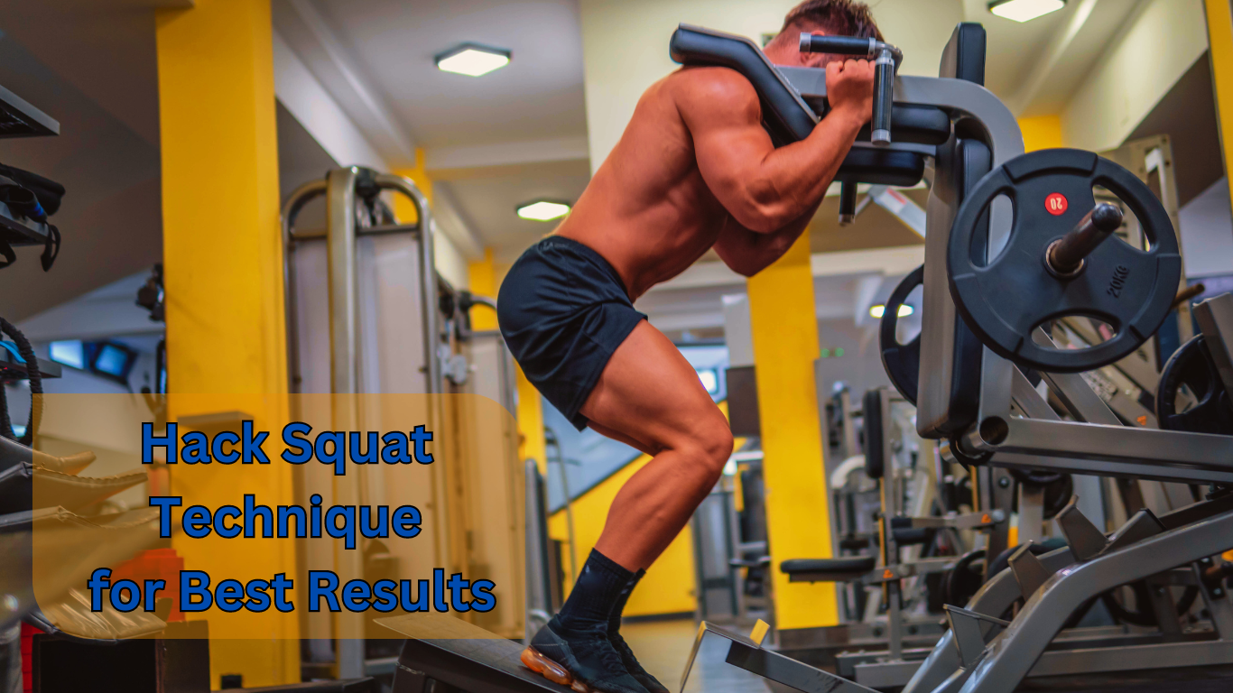 A man doing hack squat on a machine and a sign:Hack Squat Technique for Best Results