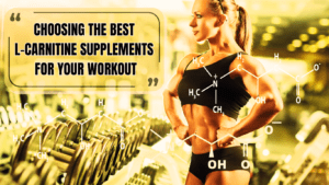 A woman at the gym watching herself in the mirror and a sign: CHOOSING THE BEST L-CARNITINE SUPPLEMENTS FOR YOUR WORKOUT