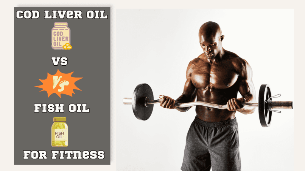 A Bodybuilder doing Barbel Curls And A Sign:Cod Liver Oil vs Fish Oil for Fitness