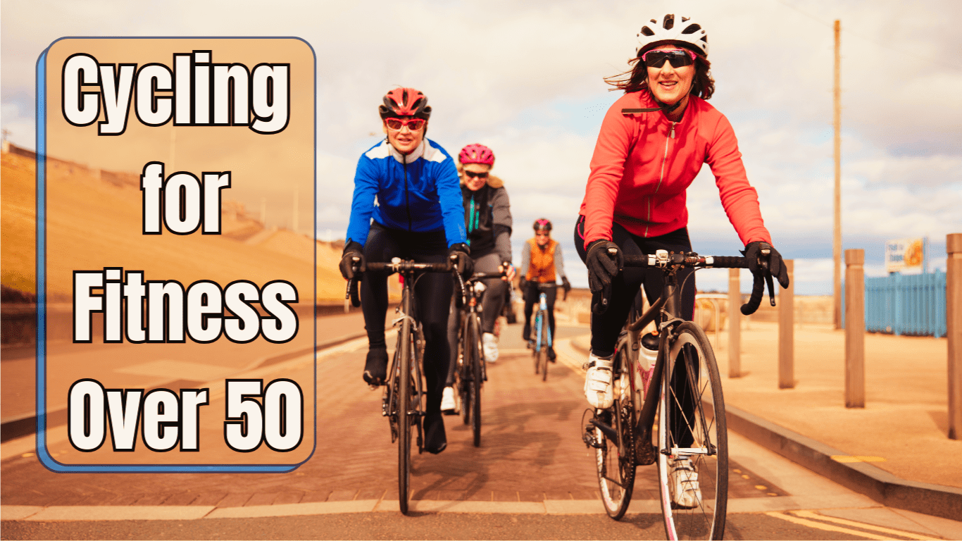 A Group Of Cyclists Cycling And A Sign:Cycling for Fitness Over 50