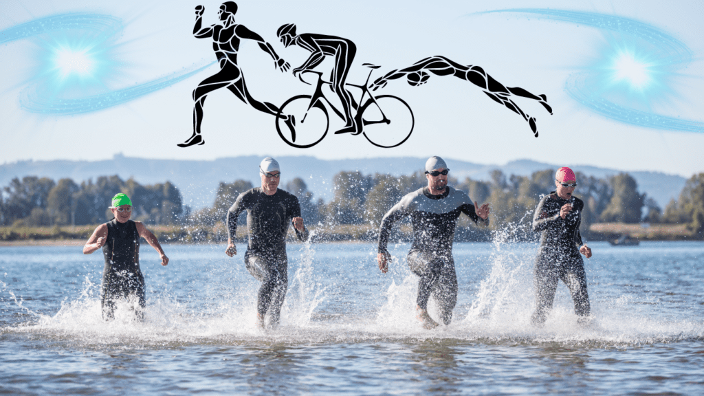 a photo representing the 3 disciplines for triathlon: running, cycling and swimming 