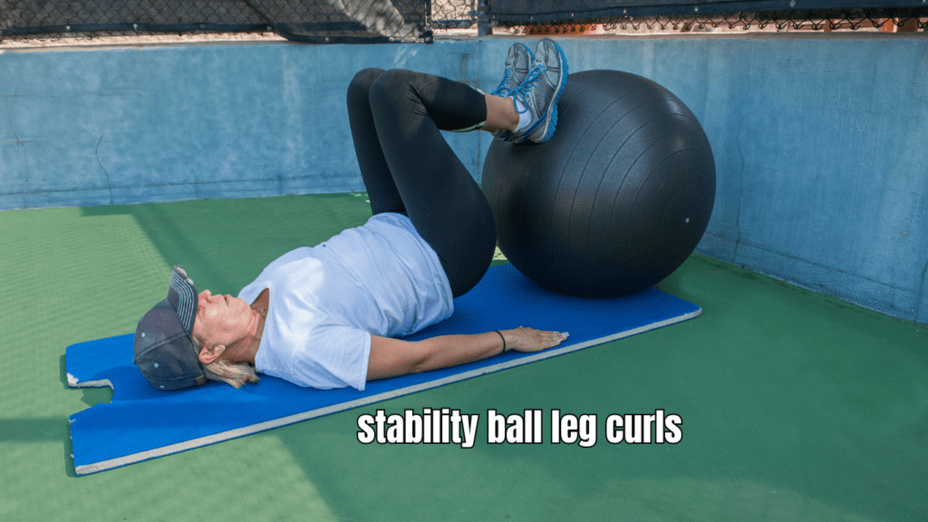 stability ball leg curls performed by a woman