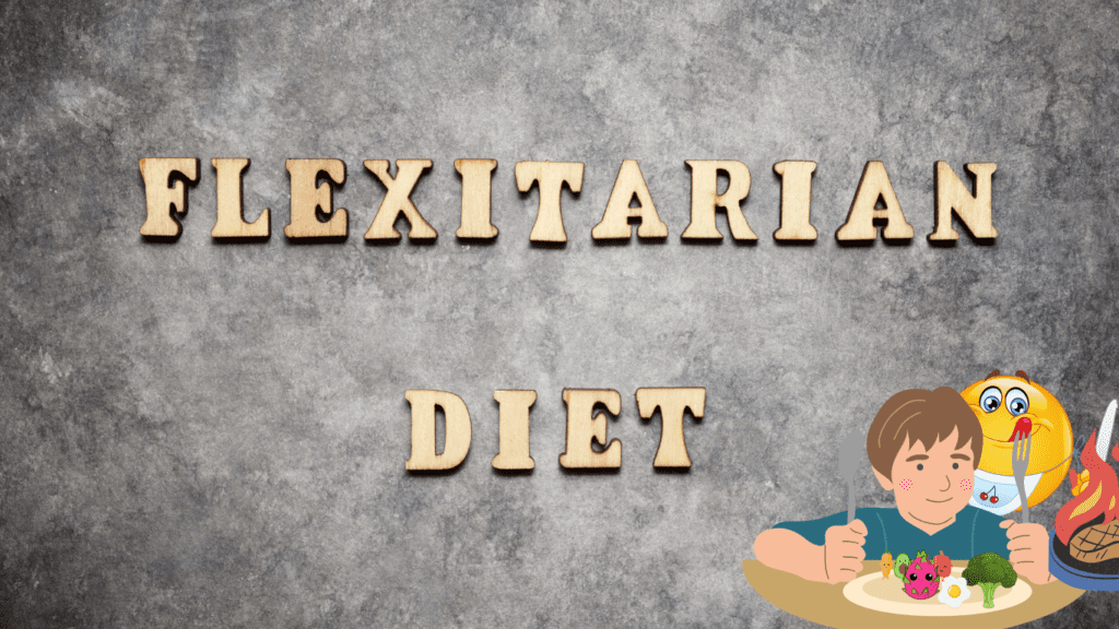 A sign saying fFexitarian diet and a boy eating animated flexitarian food