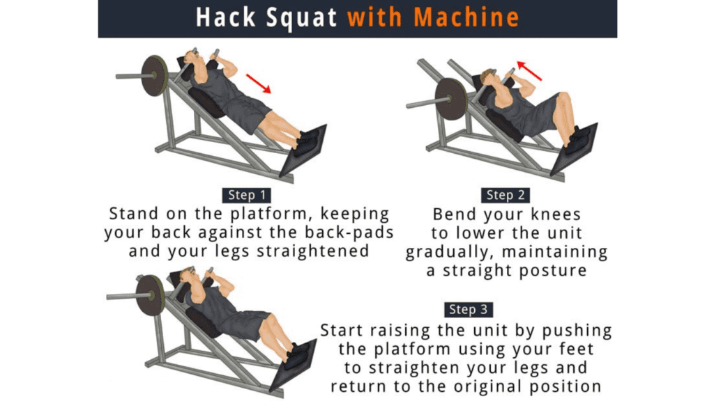 A photo showing step by step performance of hack squat with machine 