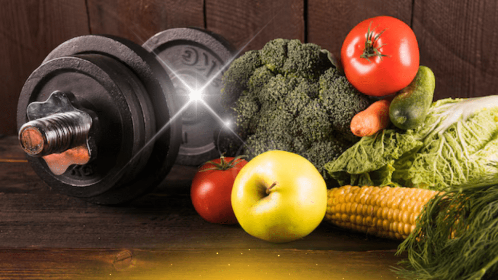 photo with vegetables , fruits and a dumbbell