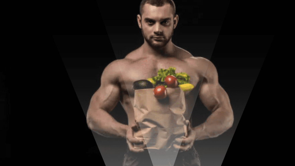 A bodybuilder caring a bag of healthy food