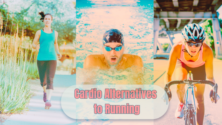 Walking, swimming and cycling in one photo and a sign:Cardio Alternatives to Running