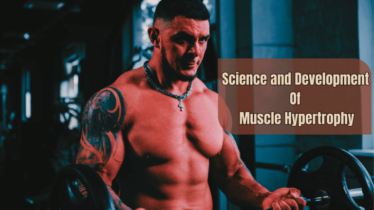 A Man Doing A Bicep Curl With A Barbel and a Sign:Science and Development of Muscle Hypertrophy