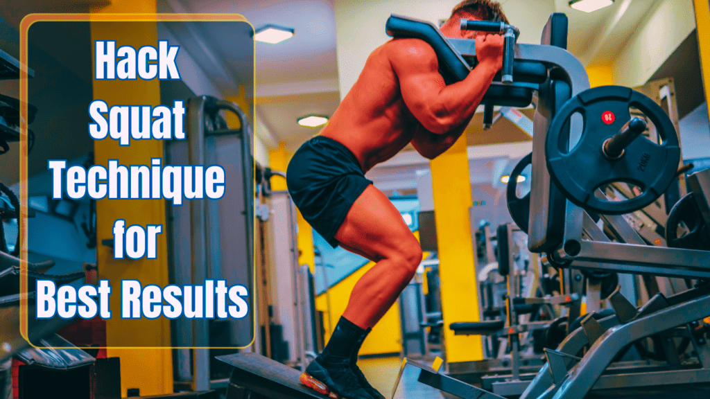 A man doing hack squat on a machine and a sign: Hack Squat Technique for Best Results