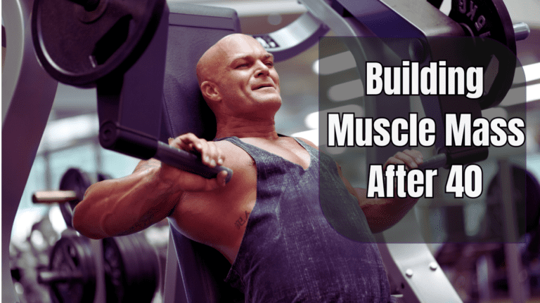 A Man Over 40 On A Push Press Machine and a Sign:Building Muscle Mass After 40