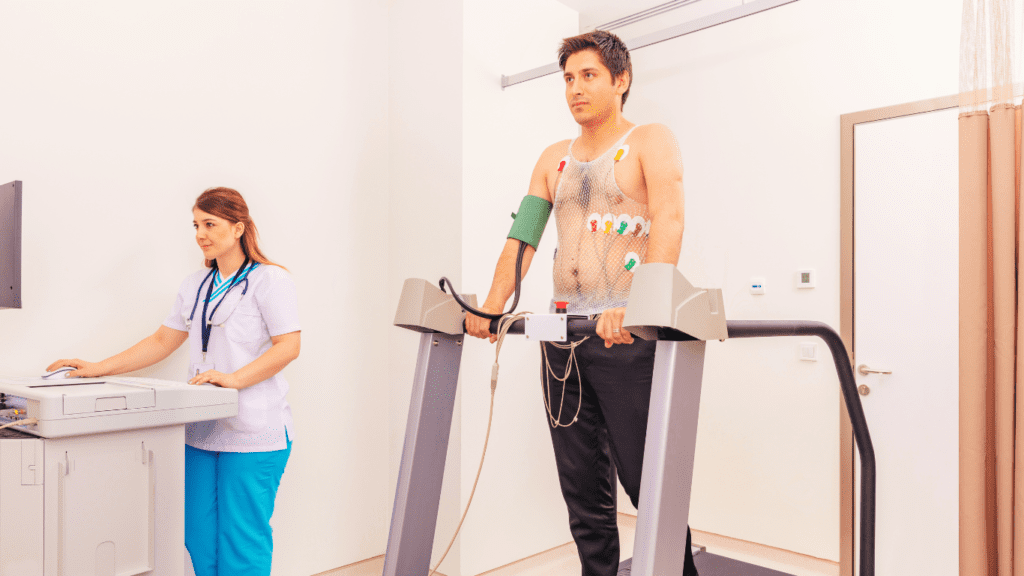 A Man Doing Light Cardio While His Heart Is Being Checked By A Doctor 