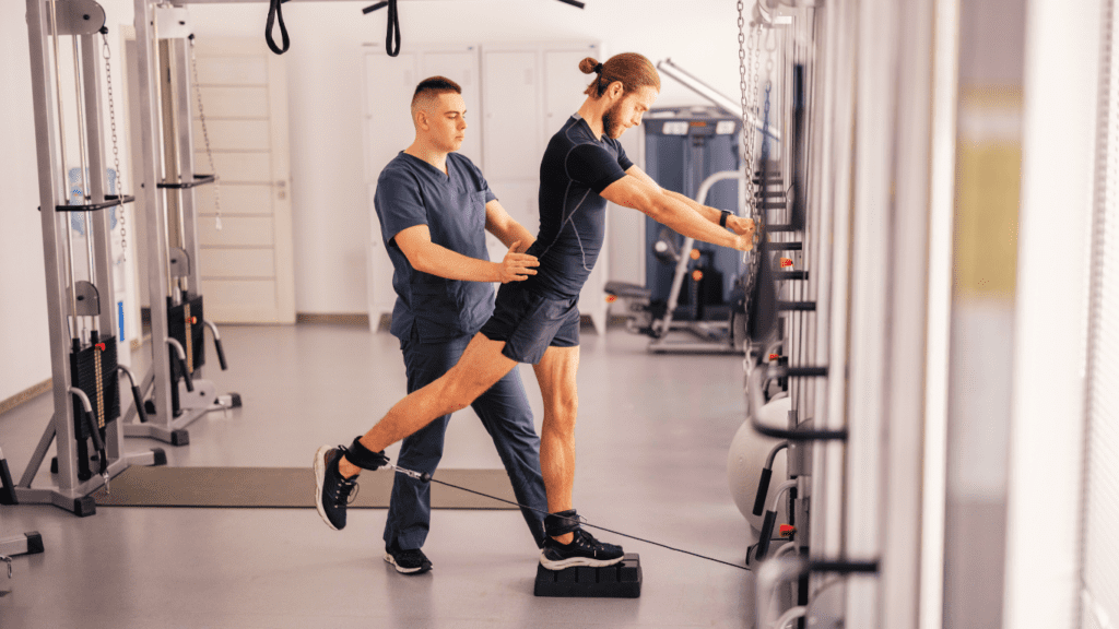 An Young Man Doing Cardiac Rehabilitation Exercise With A Rehabilitator 