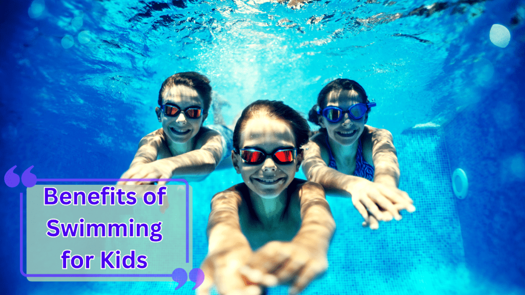 Three Children Diving Under The Water And A Sign: Benefits of Swimming for Kids