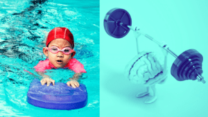 a child in a pool and a brain exercising showing the cognitive benefits of swimming for kids