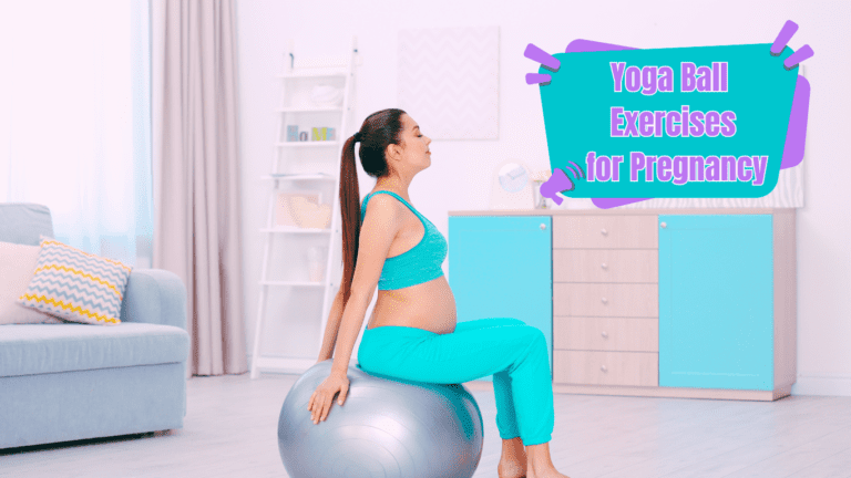 A Pregnant Woman Sitting on a Yoga Ball and a Sign:Yoga Ball Exercises for Pregnancy