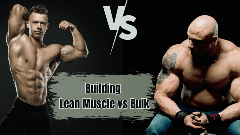 2 Bodybuilders -one with developed lean muscles and the other one bulked and a sign:Building Lean Muscle vs Bulk