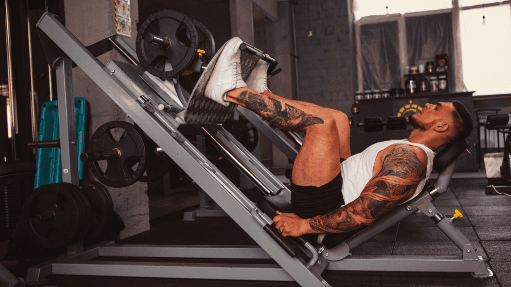 A Bodybuilder Doing Legs On A Leg Press Machine 