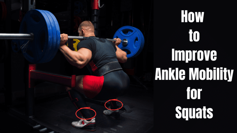 A Man Doing Barbel Squats At The Gym And A Sign:How to Improve Ankle Mobility for Squats