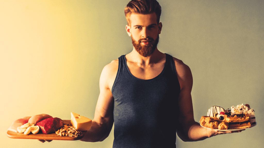 A Man Holding A Plate With Rich Nutritious Food And A Plate With Sweets