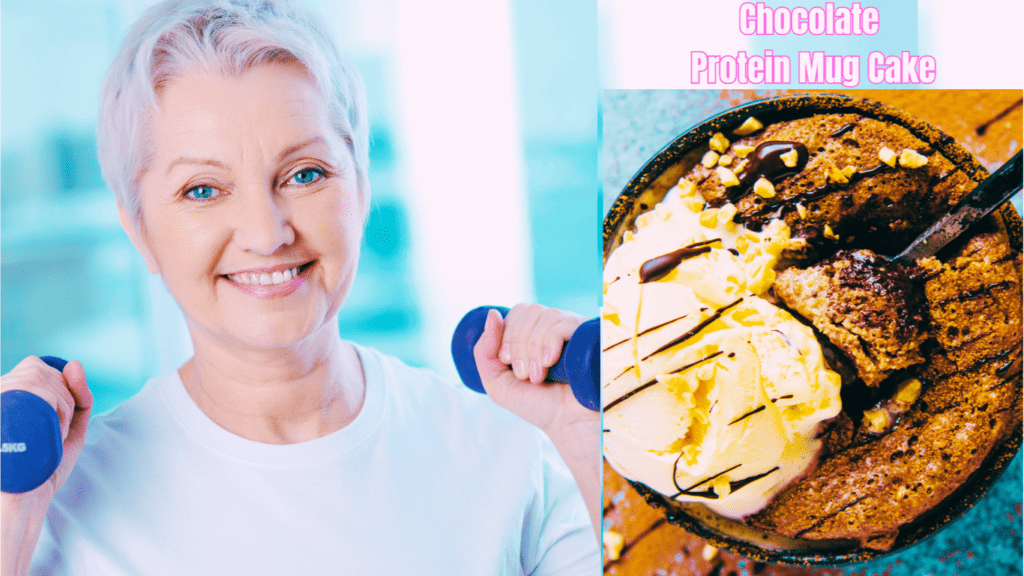 Chocolate Protein Mug Cake And A Middle Aged Woman With Small Sumbbells