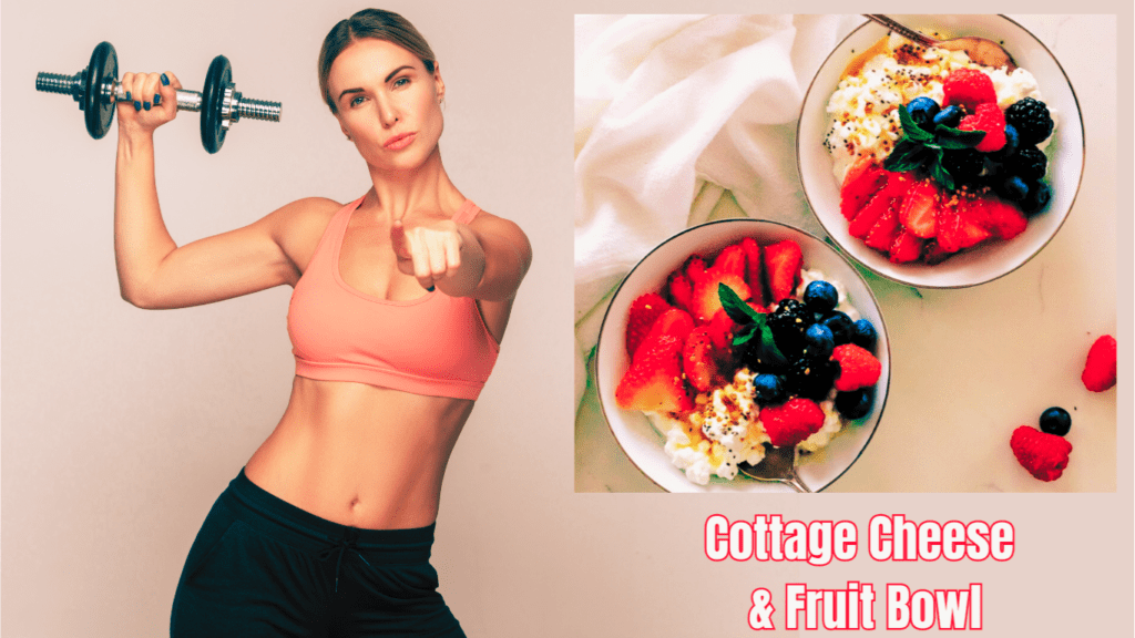 A Woman With A Dumbbell Pointing At The Camera And ACottage Cheese & Fruit Bowl