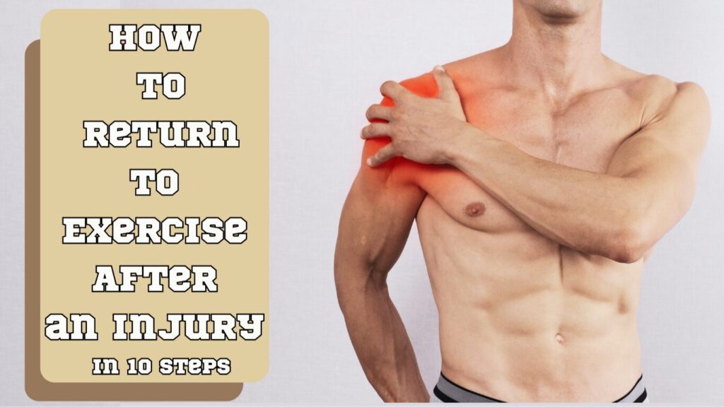 A man with an injured shoulder and a sign:How to Return to Exercise After an Injury In 10 Steps