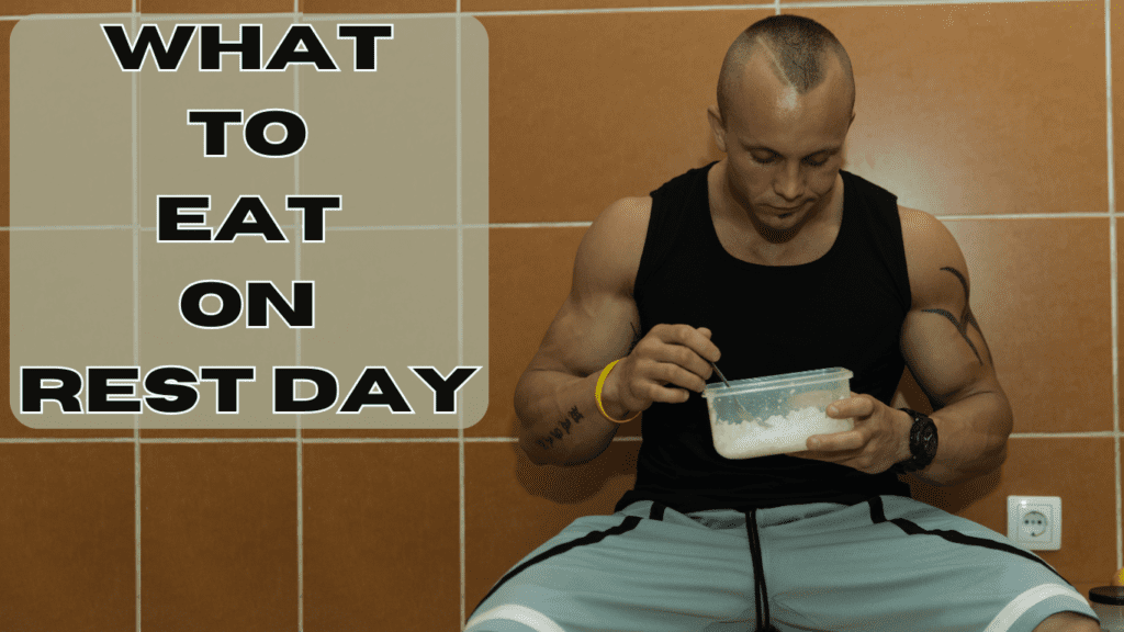 A Bodybuilder eating , and a sign:What to Eat on Rest Day