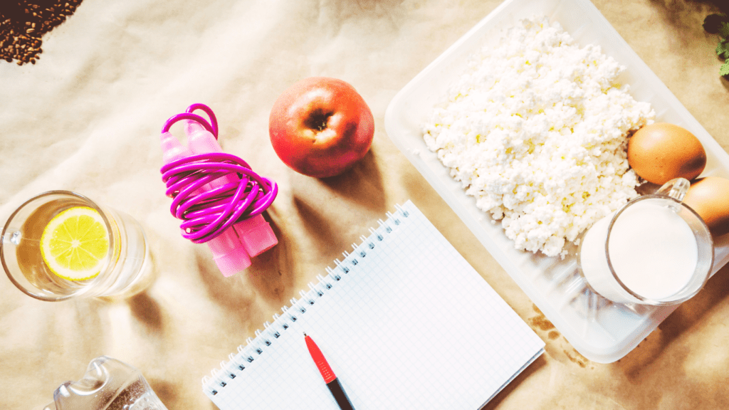 A Photo with Healthy food and A Skipping Rope 