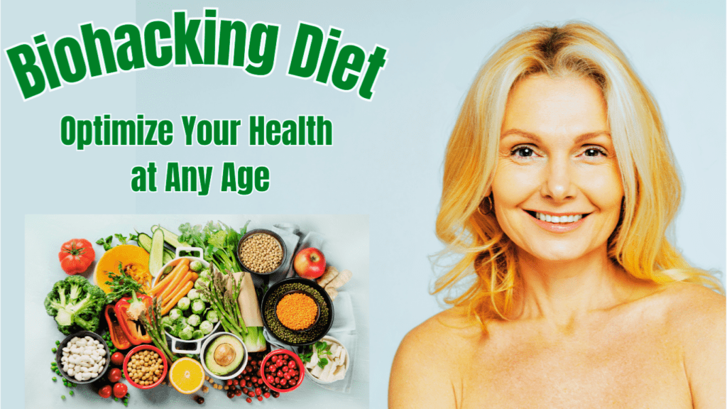 A Photo Of A Woman And A Photo Of A Healthy food And A Sign: Biohacking Diet: Optimize Your Health at Any Age