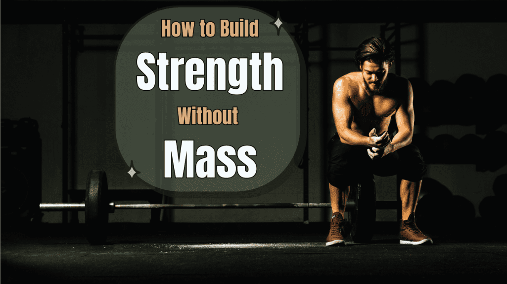 A man sitting on a barbell at the gym and a sign:How to Build Strength Without Mass