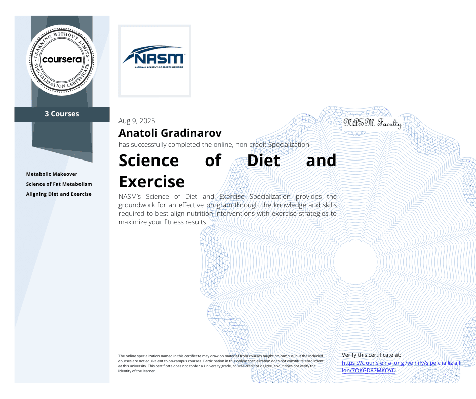 Science of Diet and Exercise Specialization certificate from NASM on Coursera